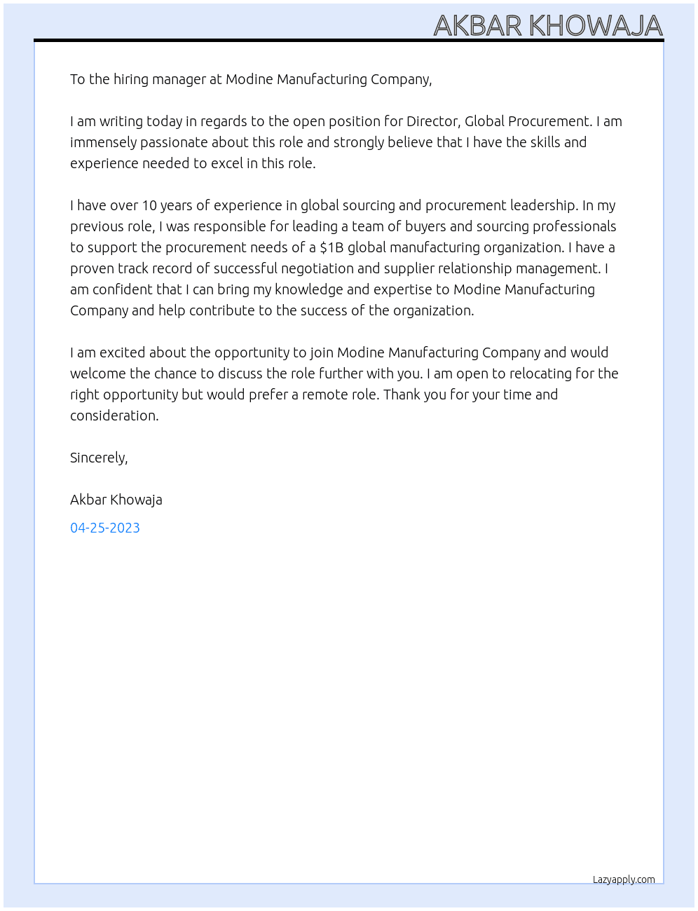 Director, Global Procurement At Modine Manufacturing Company  Cover Letter