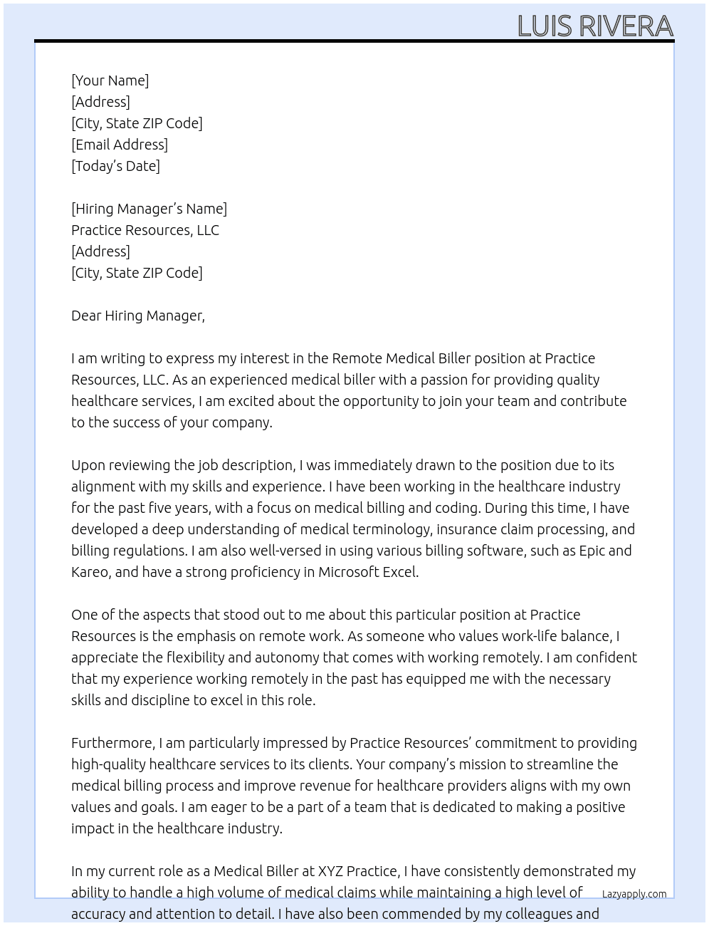 Cover letter for remote medical biller - LazyApply