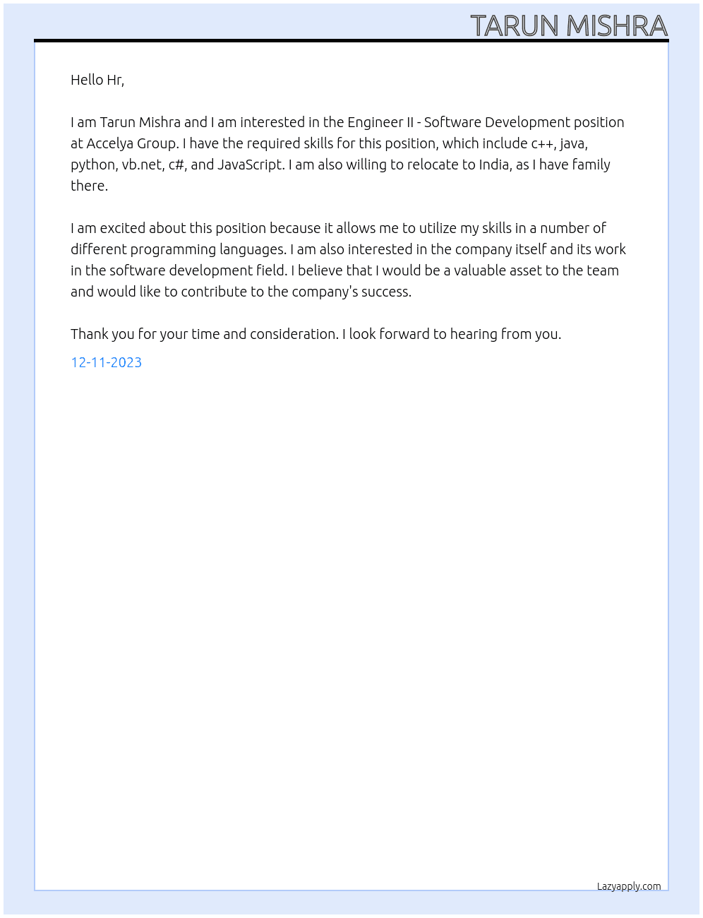 Engineer II - Software Development At Accelya Group Cover Letter