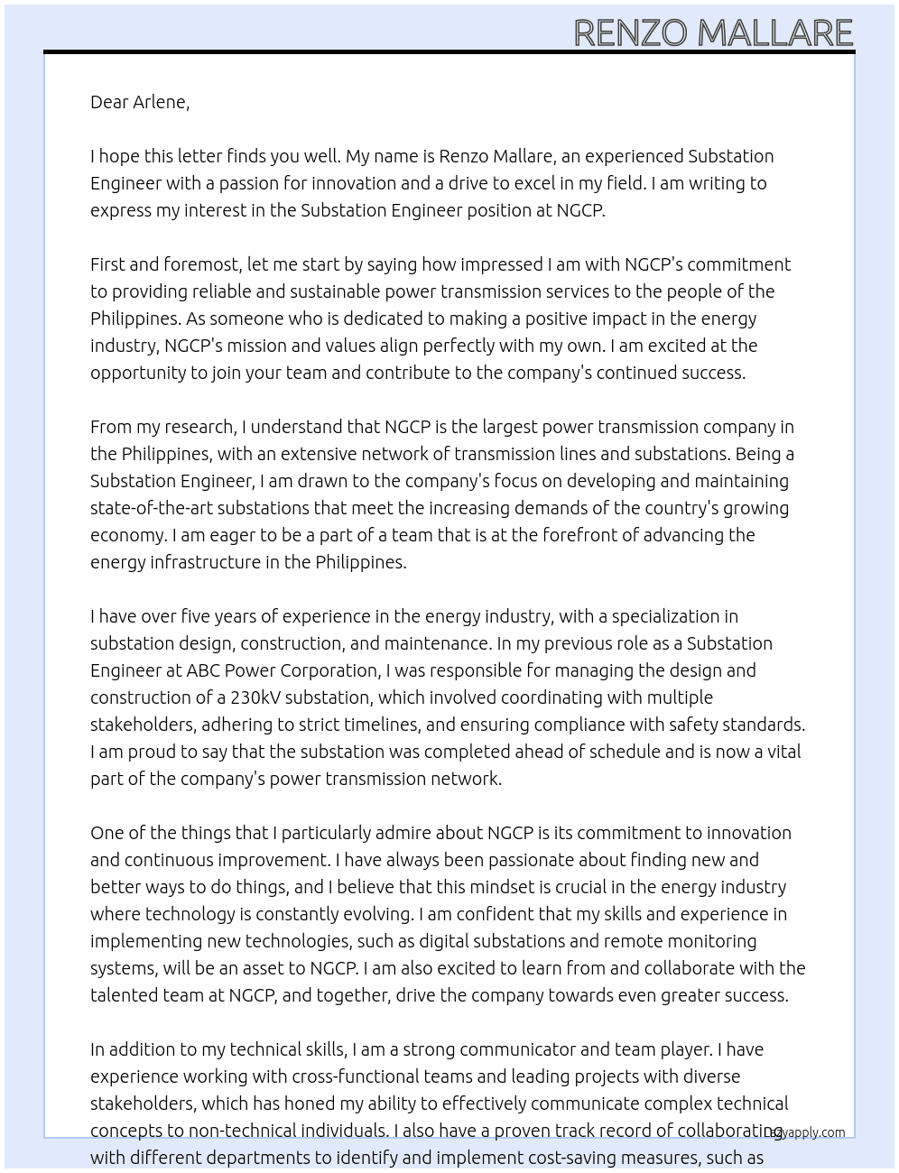 substation engineer At NGCP Cover Letter