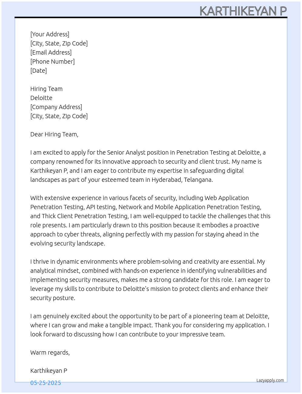 Cover letter for penetration testing - senior analyst - LazyApply