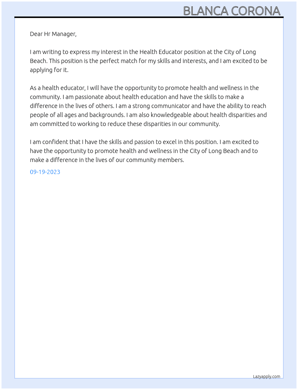 Health Educator  At City of Long Beach  Cover Letter