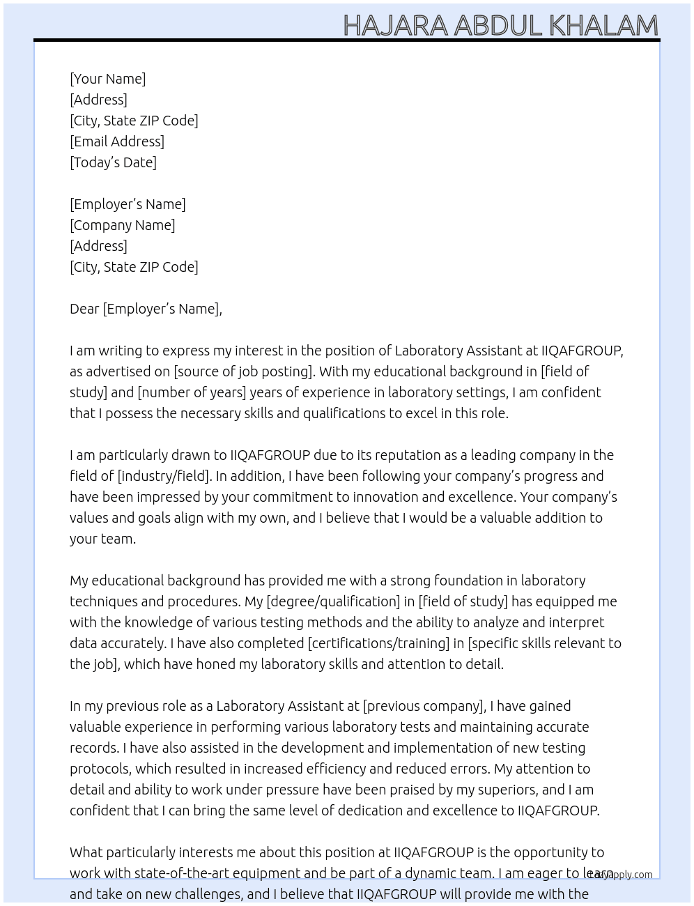 Laboratory Assistant At IIQAFGROUP Cover Letter
