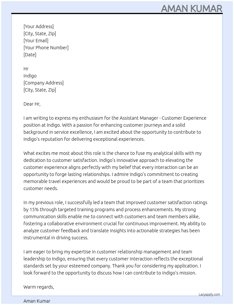 Cover letter for assistant manager- customer experience - LazyApply