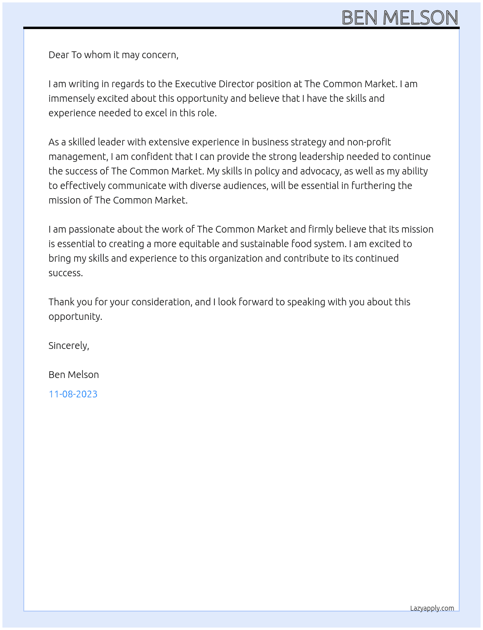 Executive Director At The Common Market Cover Letter