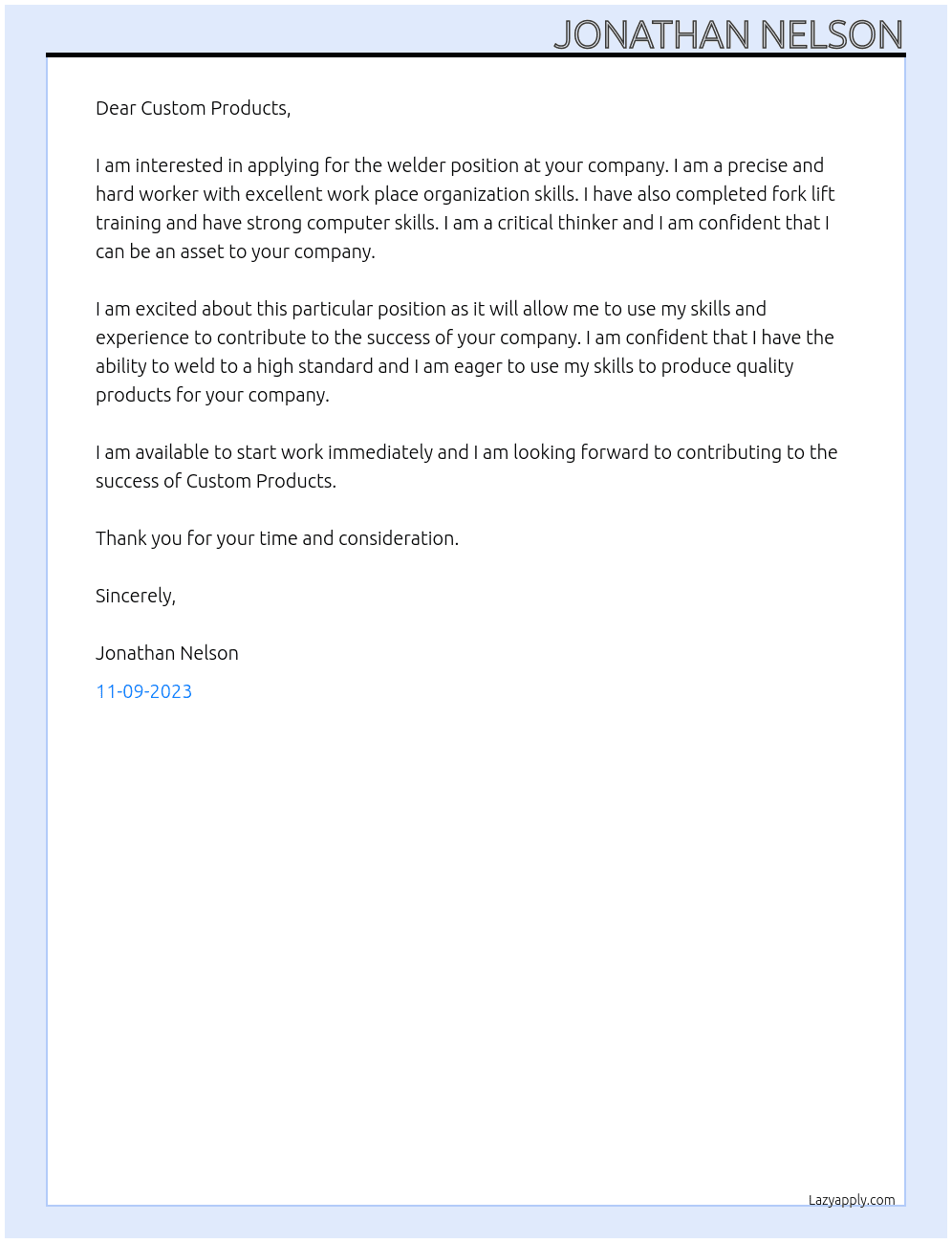 welder At Custom Products Cover Letter