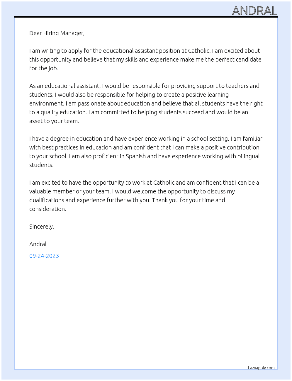 educational assistant At Catholic Cover Letter
