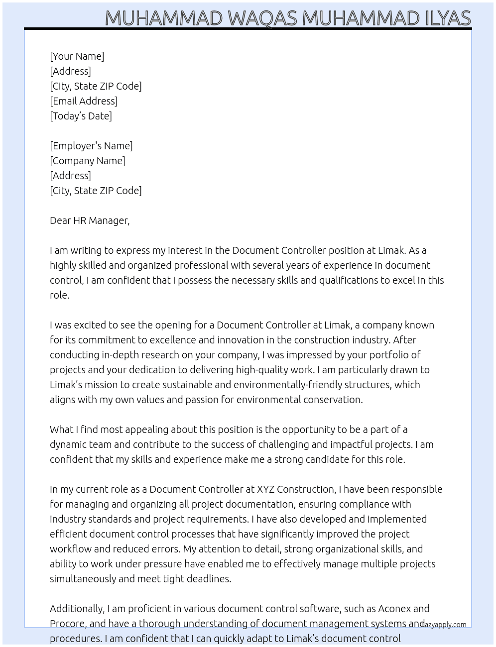 Document Controller At Limak Cover Letter