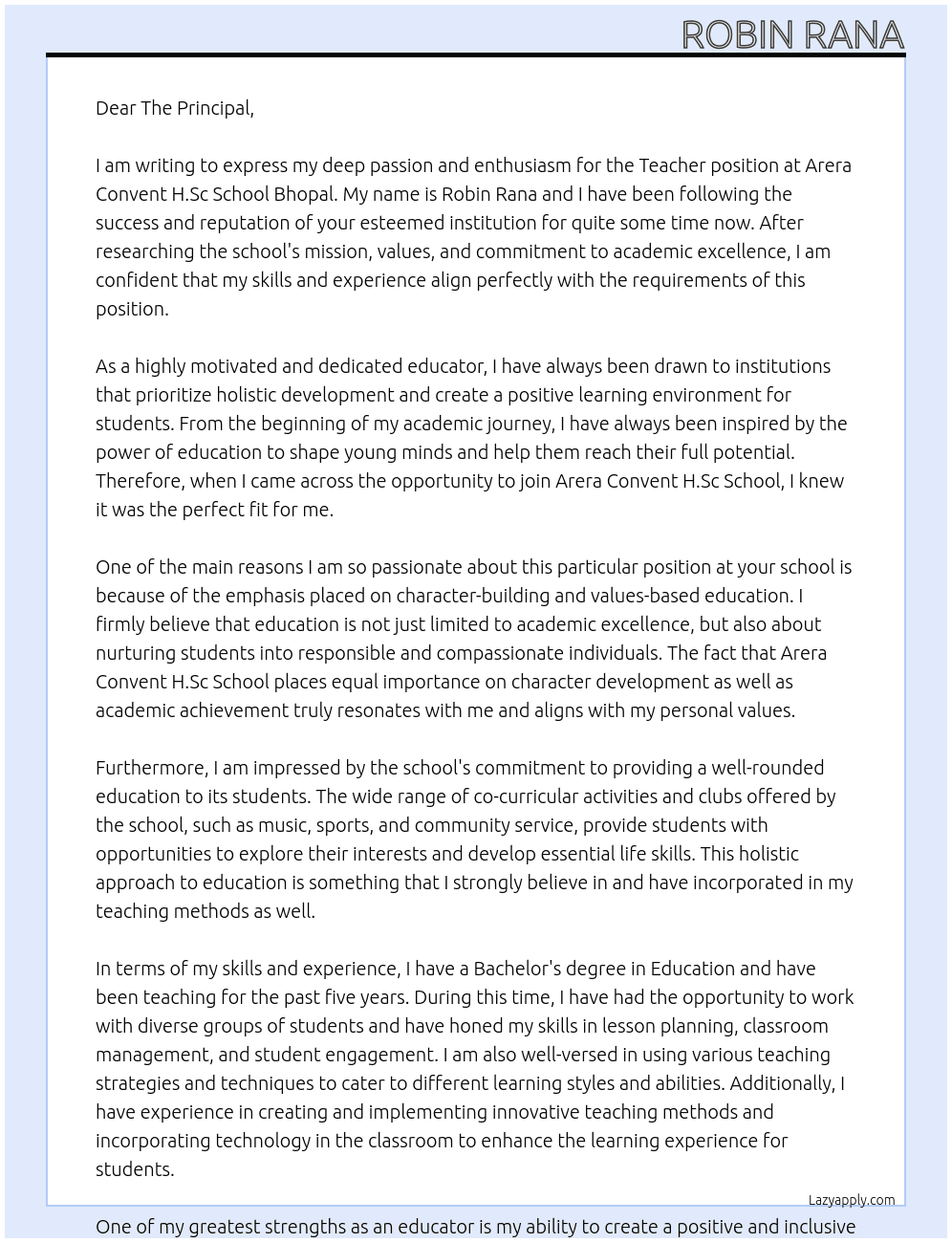 Teacher At Arera Convent H.Sc School Bhopal Cover Letter