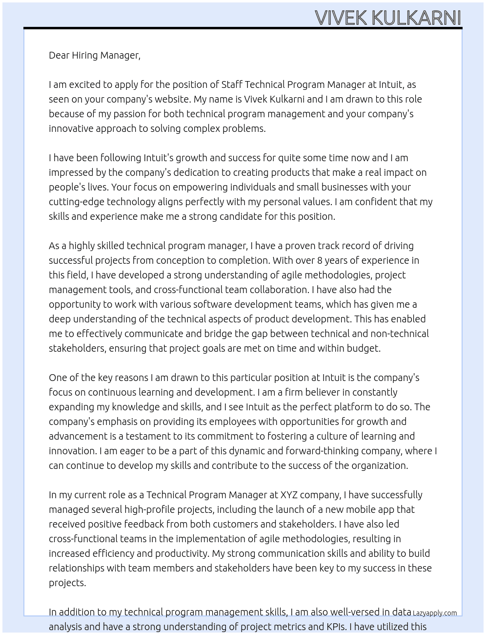 Staff Technical Program Manager At Intuit Cover Letter