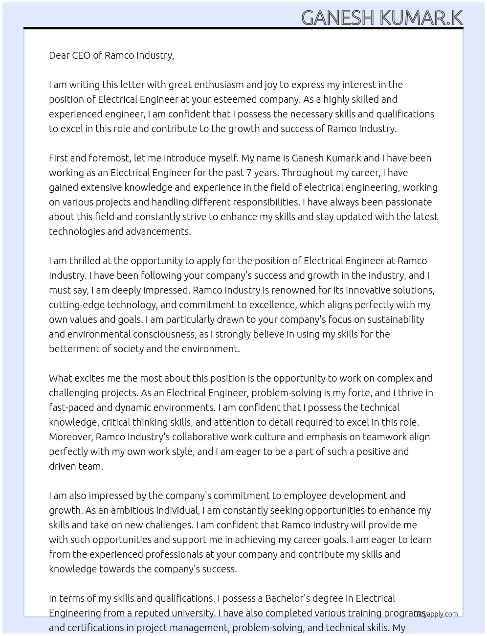 Electrical engineer  At Ramco industry  Cover Letter