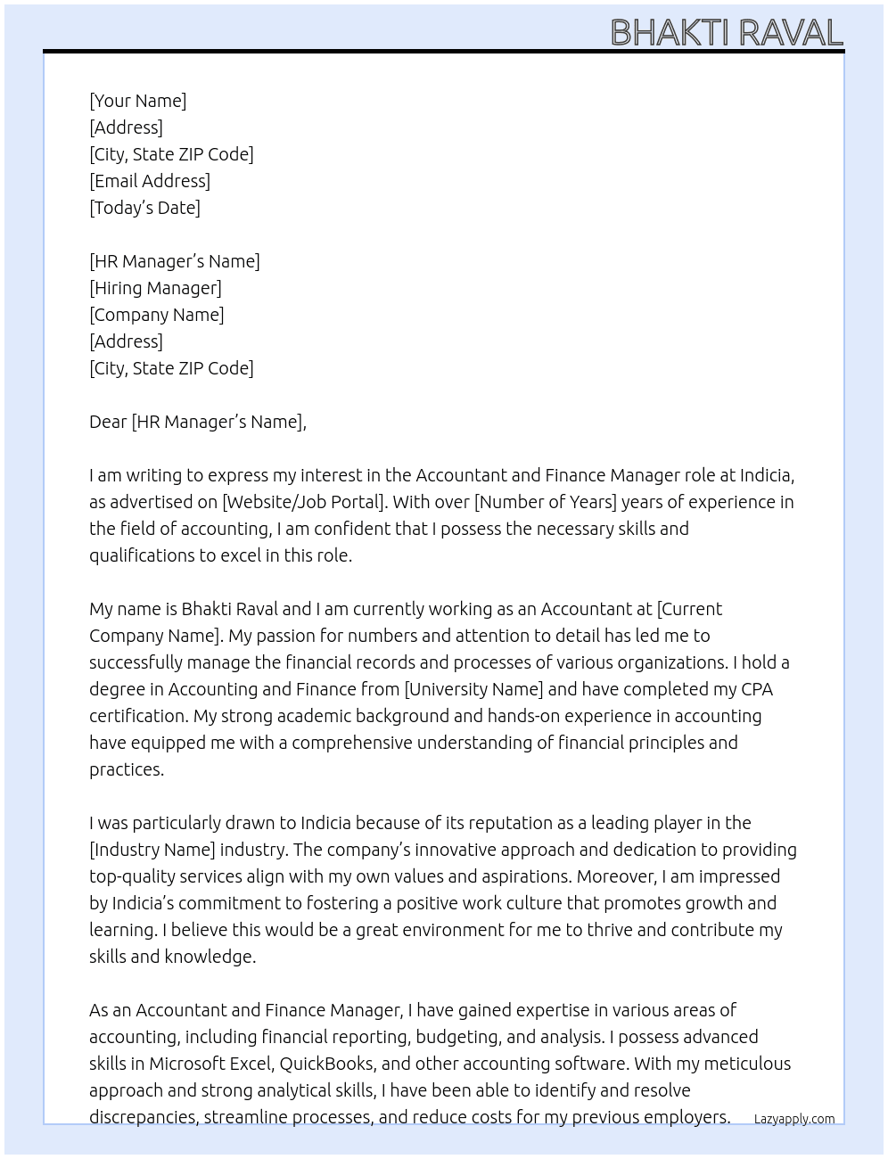 Accountant and finance manager  At Indicia  Cover Letter