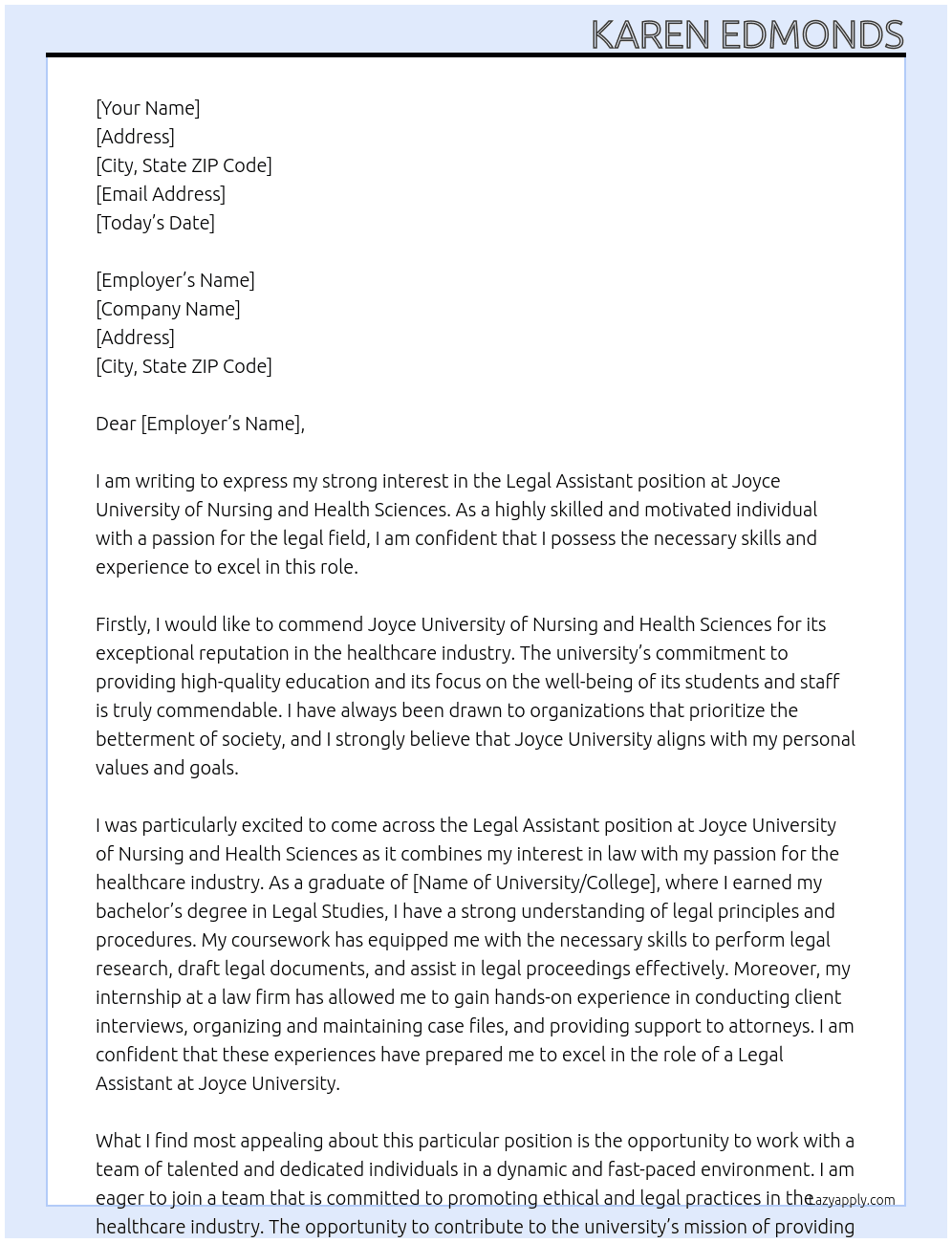 Legal Assistant At Joyce University of Nursing and Health Sciences Cover Letter