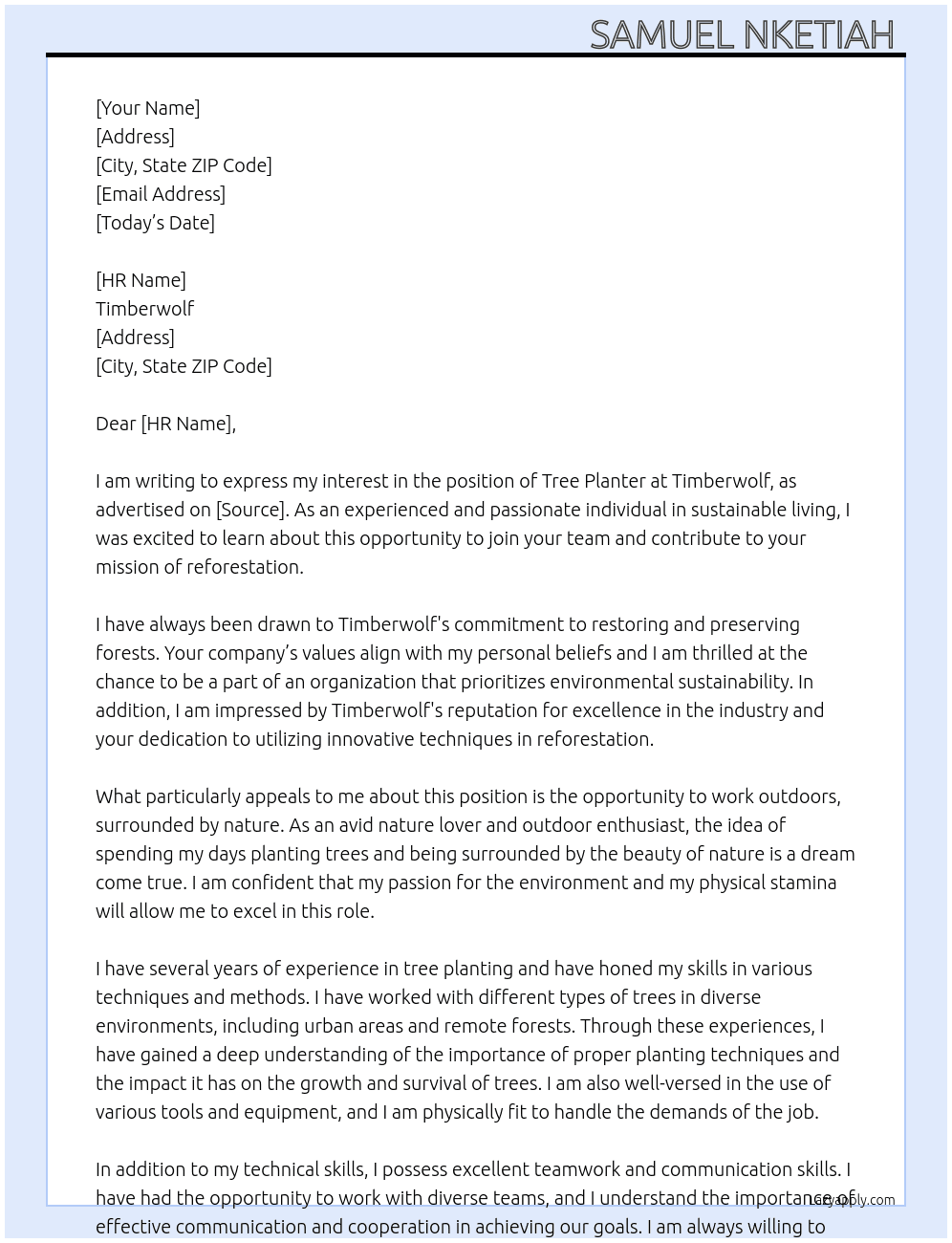 Tree planter At Timberwolf Cover Letter
