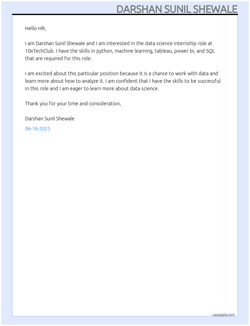 data science At 10xTechClub Cover Letter