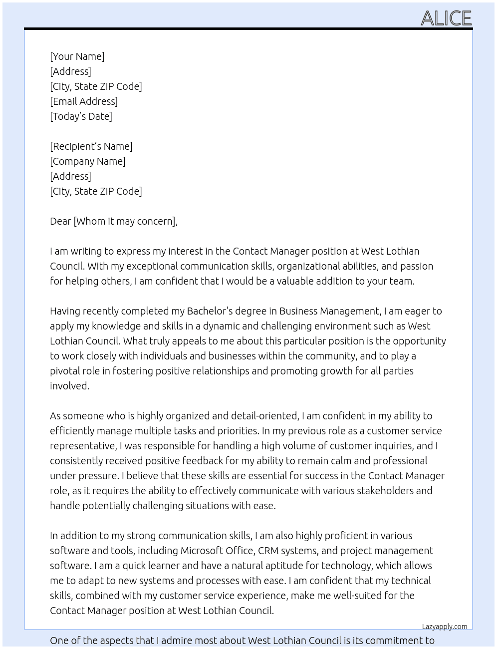 Contact manager  At West lothian Council  Cover Letter
