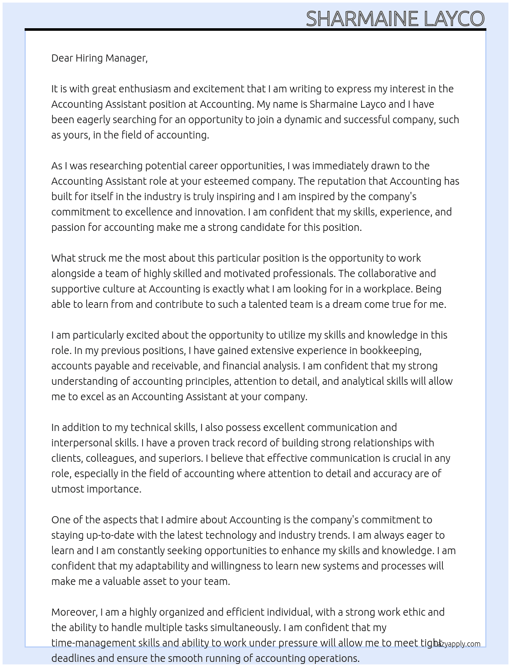 Accounting assistant At Accounting Cover Letter