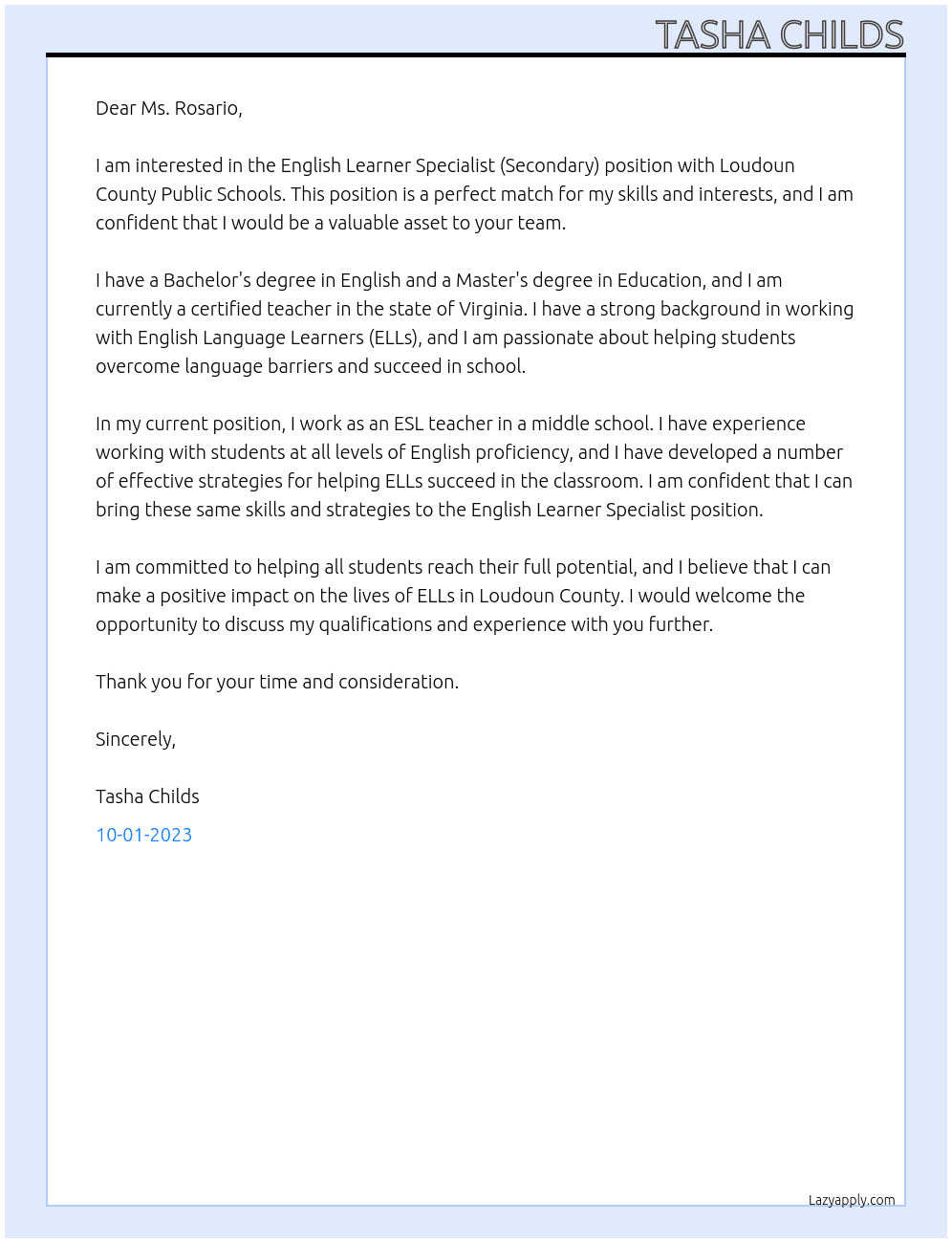 English Learner Specialist (Secondary) At Loudoun County Public Schools Cover Letter