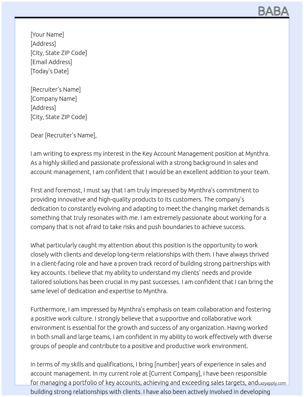 Key account management At Mynthra Cover Letter