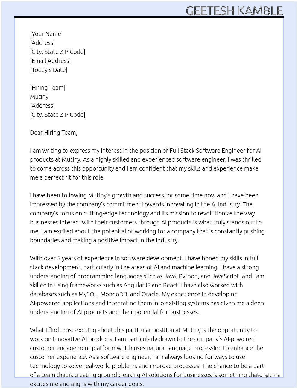 Full Stack Software Engineer, AI products At Mutiny Cover Letter