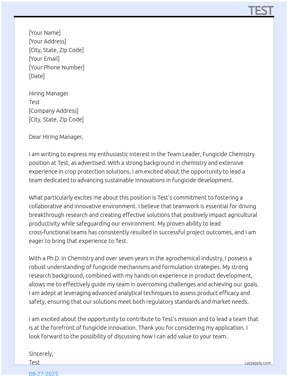 Team leader fungicide chemistry At Test  Cover Letter