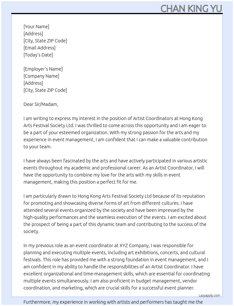 Artist Coordinators At Hong Kong Arts Festival Society Ltd Cover Letter