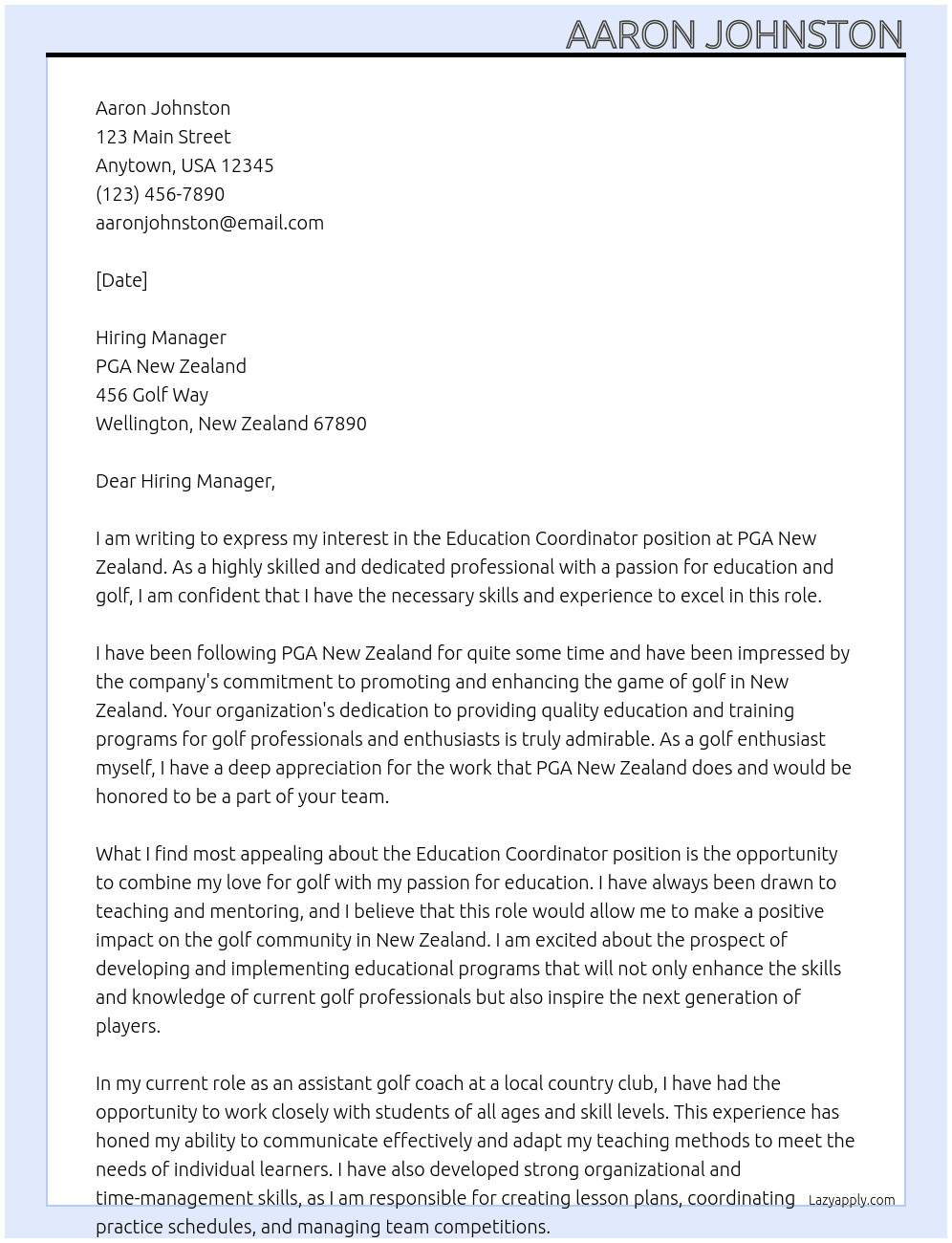 Education Coordinator At PGA New Zealand Cover Letter