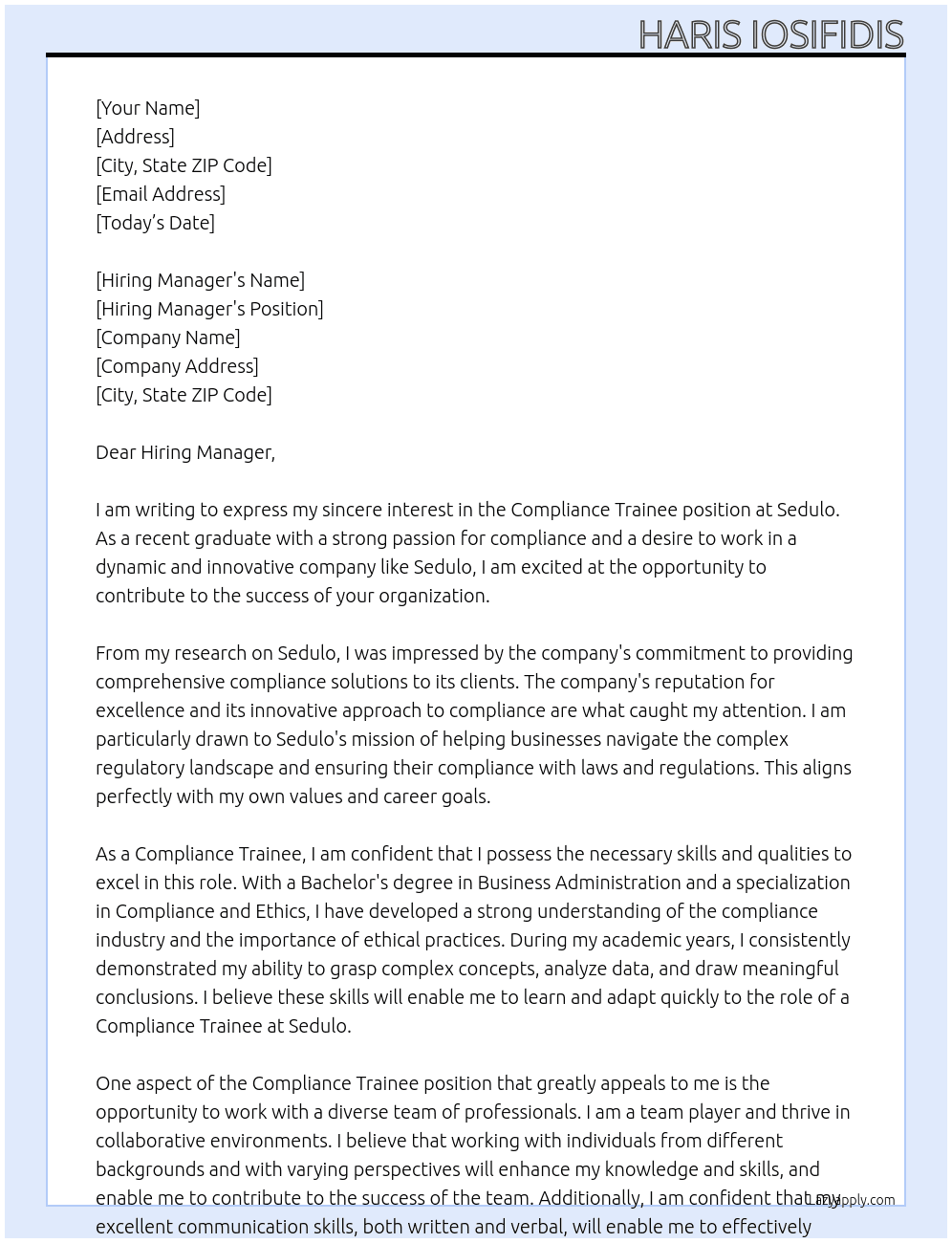 Compliance Trainee At Sedulo Cover Letter