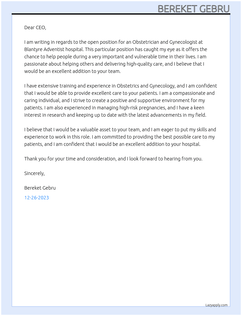 Obstetrician and Gynecologist  At Blantyre Adventist hospital Cover Letter