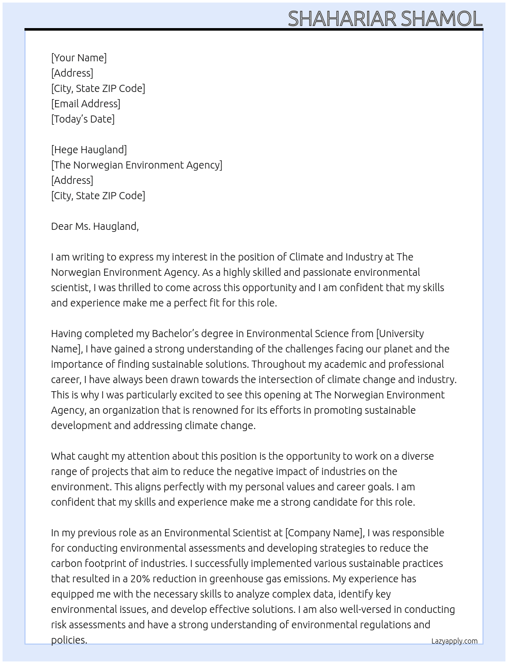 climate and industry At The Norwegian Environment Agency Cover Letter