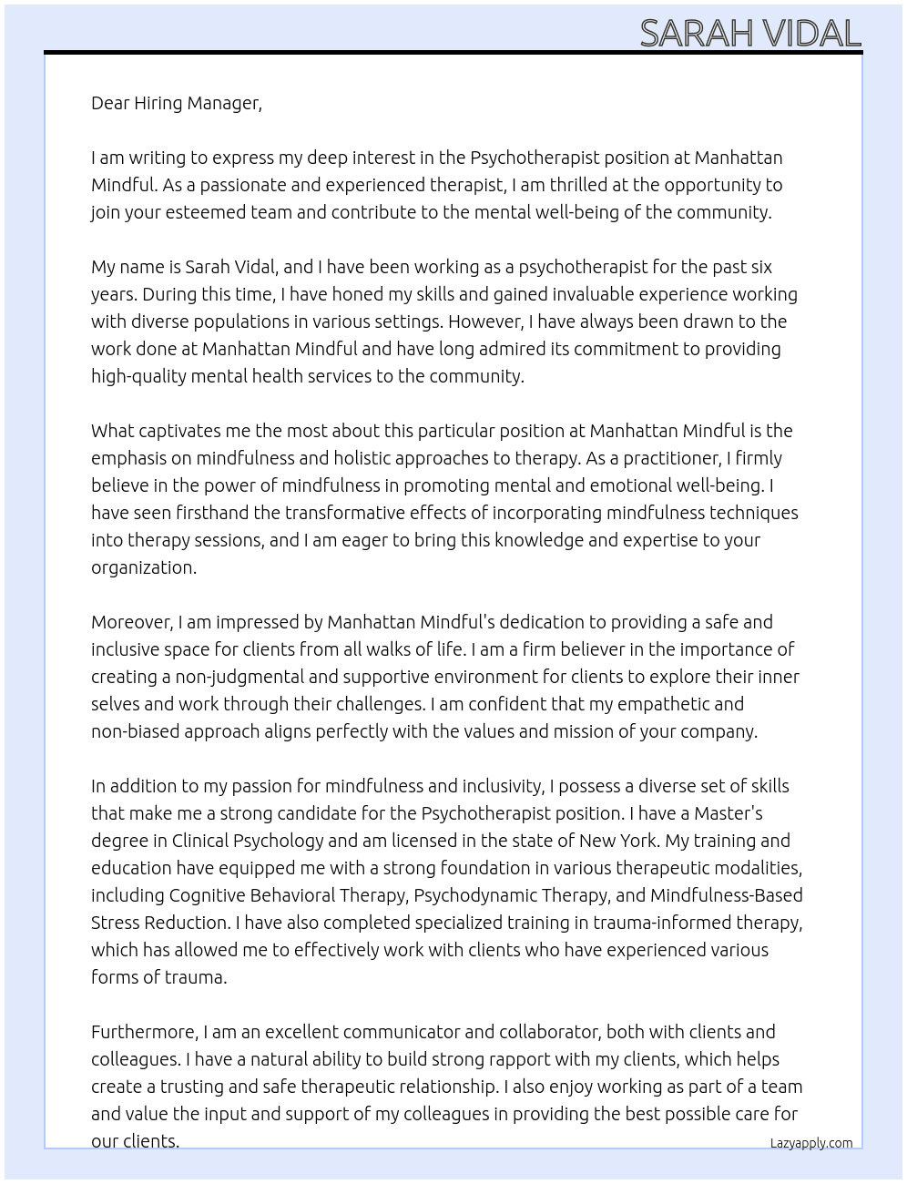 Psychotherapist At Manhattan Mindful Cover Letter