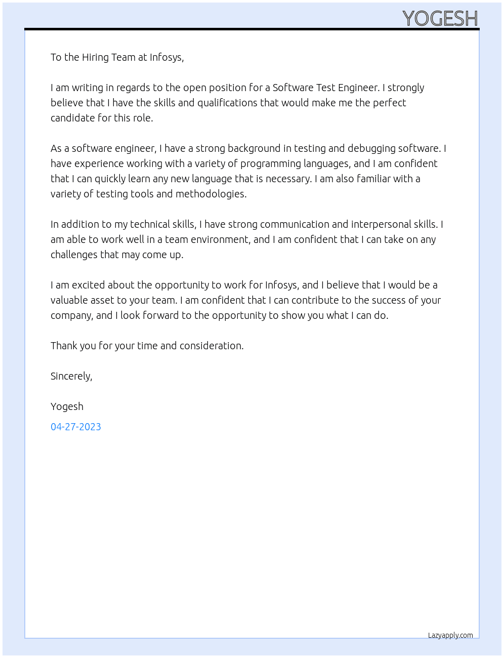 software test  engineer At infosys Cover Letter