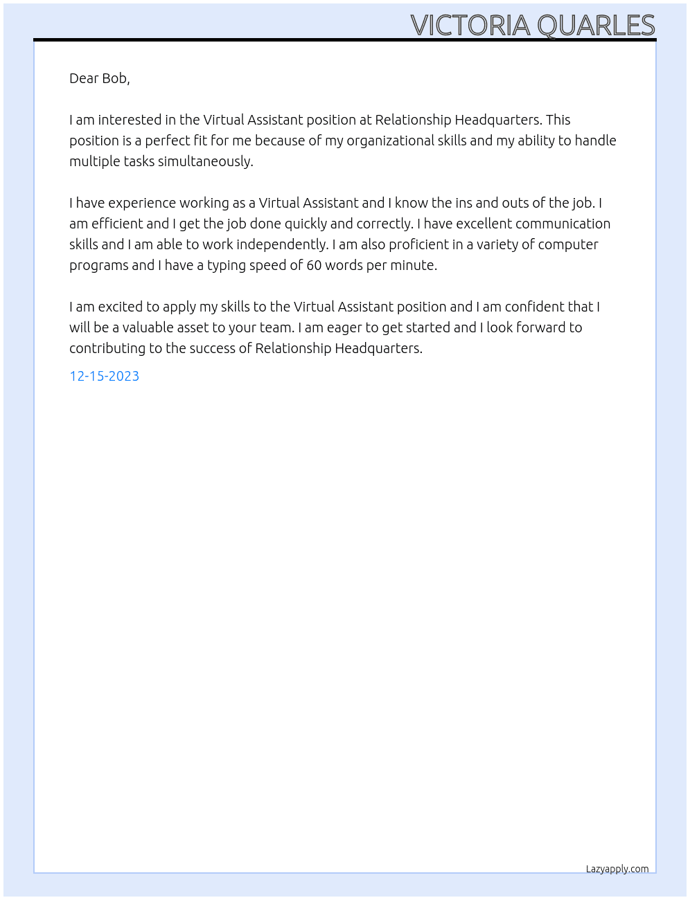 Virtual Assistant At Relationship Headquarters Cover Letter