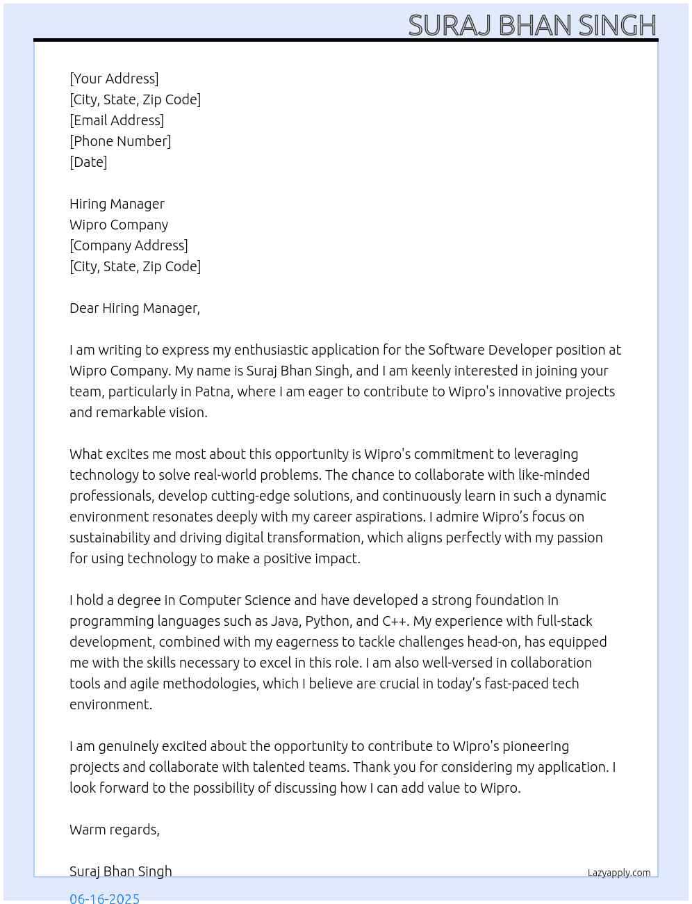 software developer At Wipro Company Cover Letter