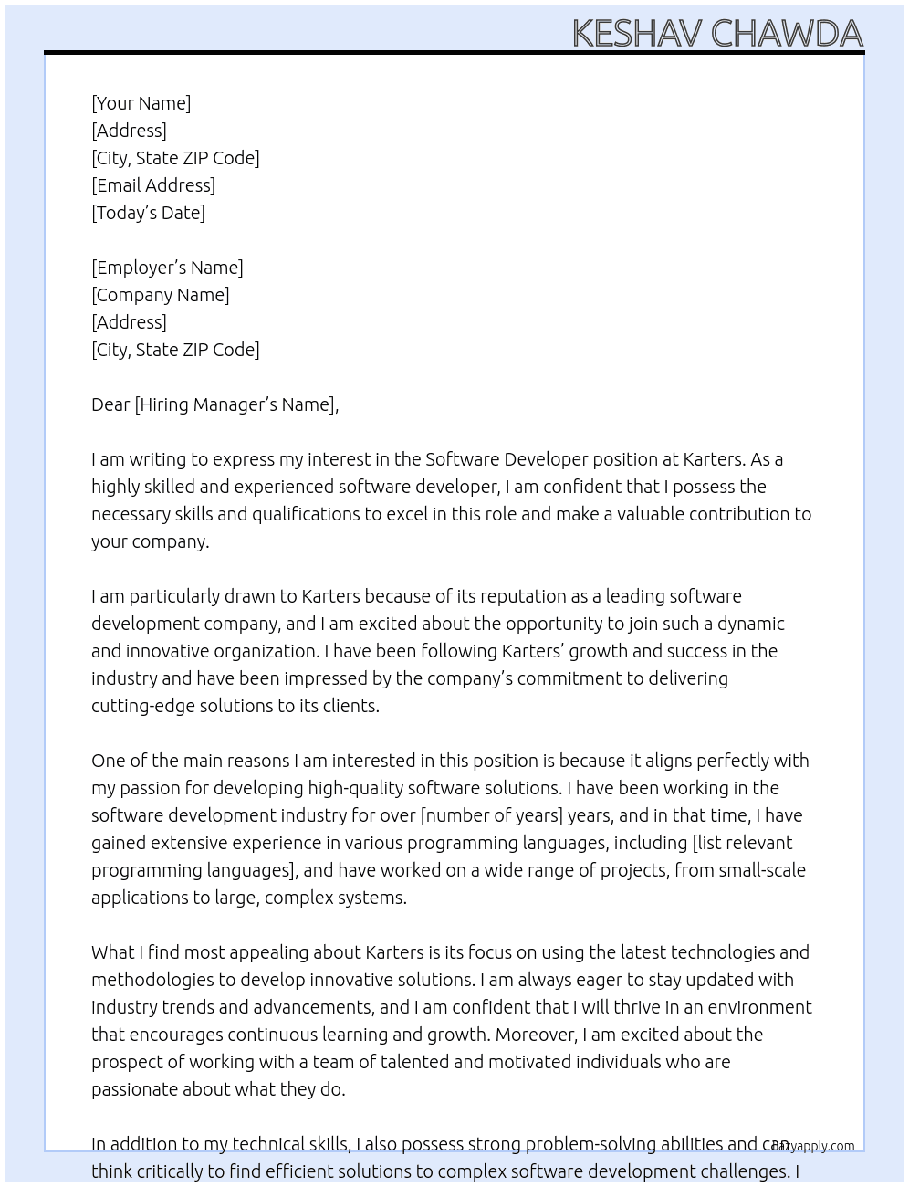 Software developer  At Karters Cover Letter