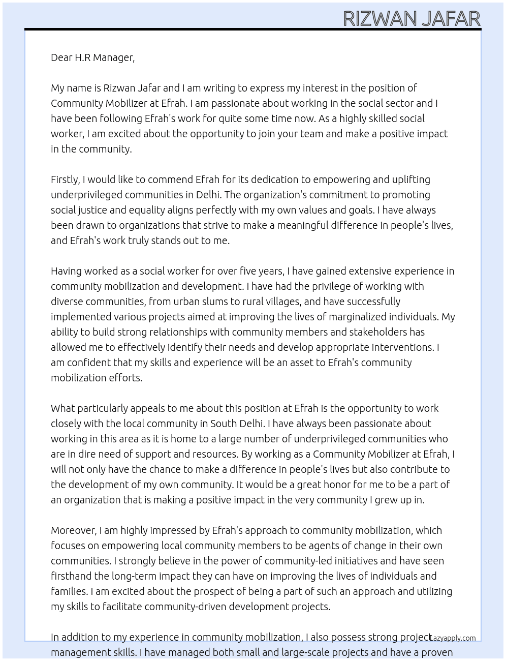 Community Mobilizer  At EFRAH Cover Letter