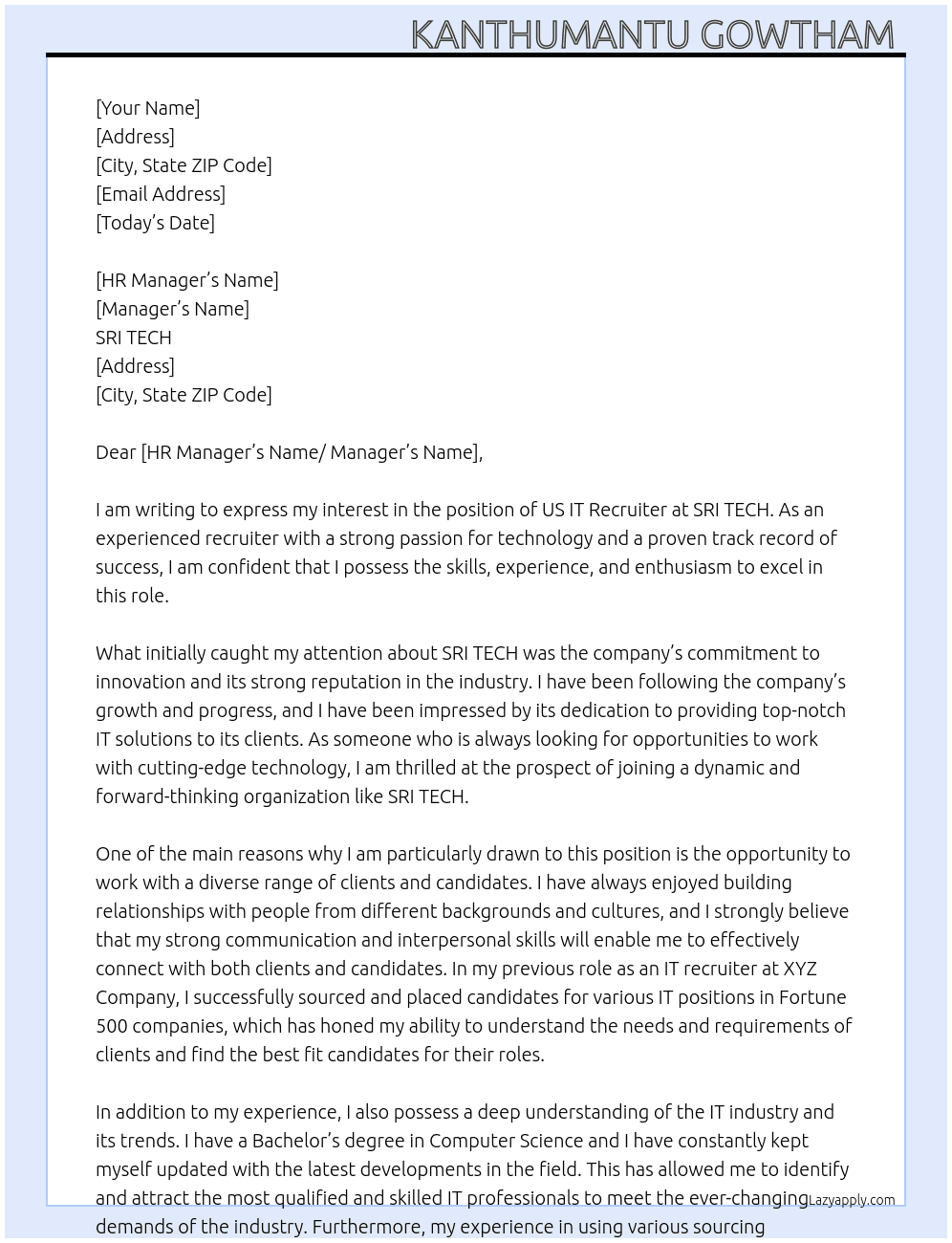 us it recruiter At SRI TECH Cover Letter