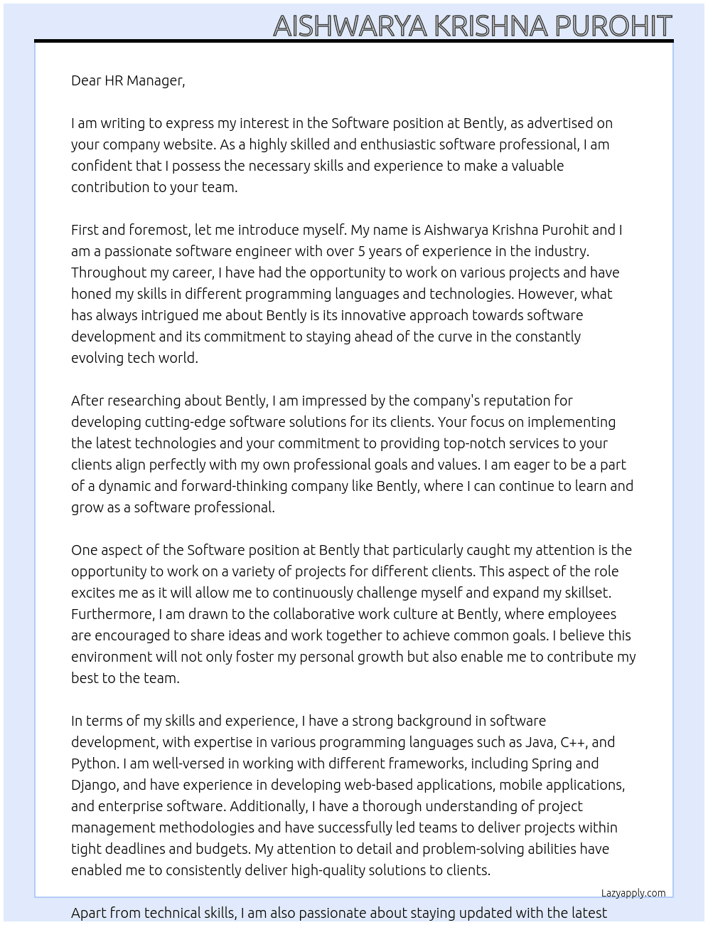 Software  At Bently Cover Letter