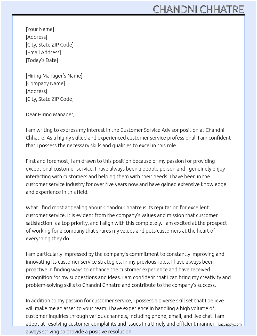 Customer Service Advisor At Chandni Chhatre Cover Letter