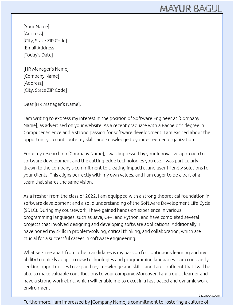Software Engineer At Mayur Bagul Cover Letter