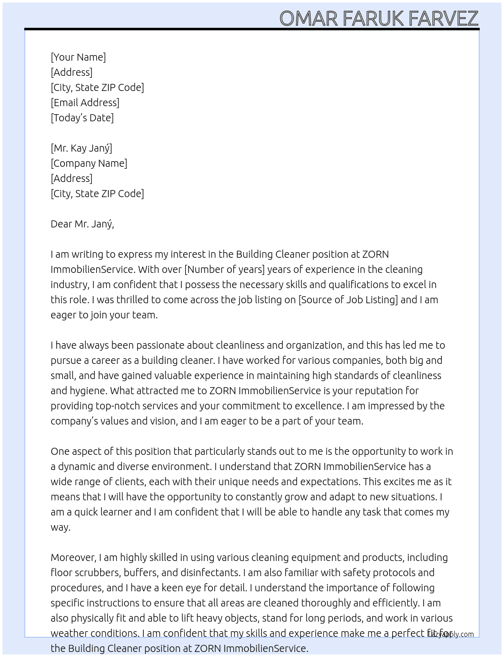 Building Cleaner  At ZORN ImmobilienService Cover Letter