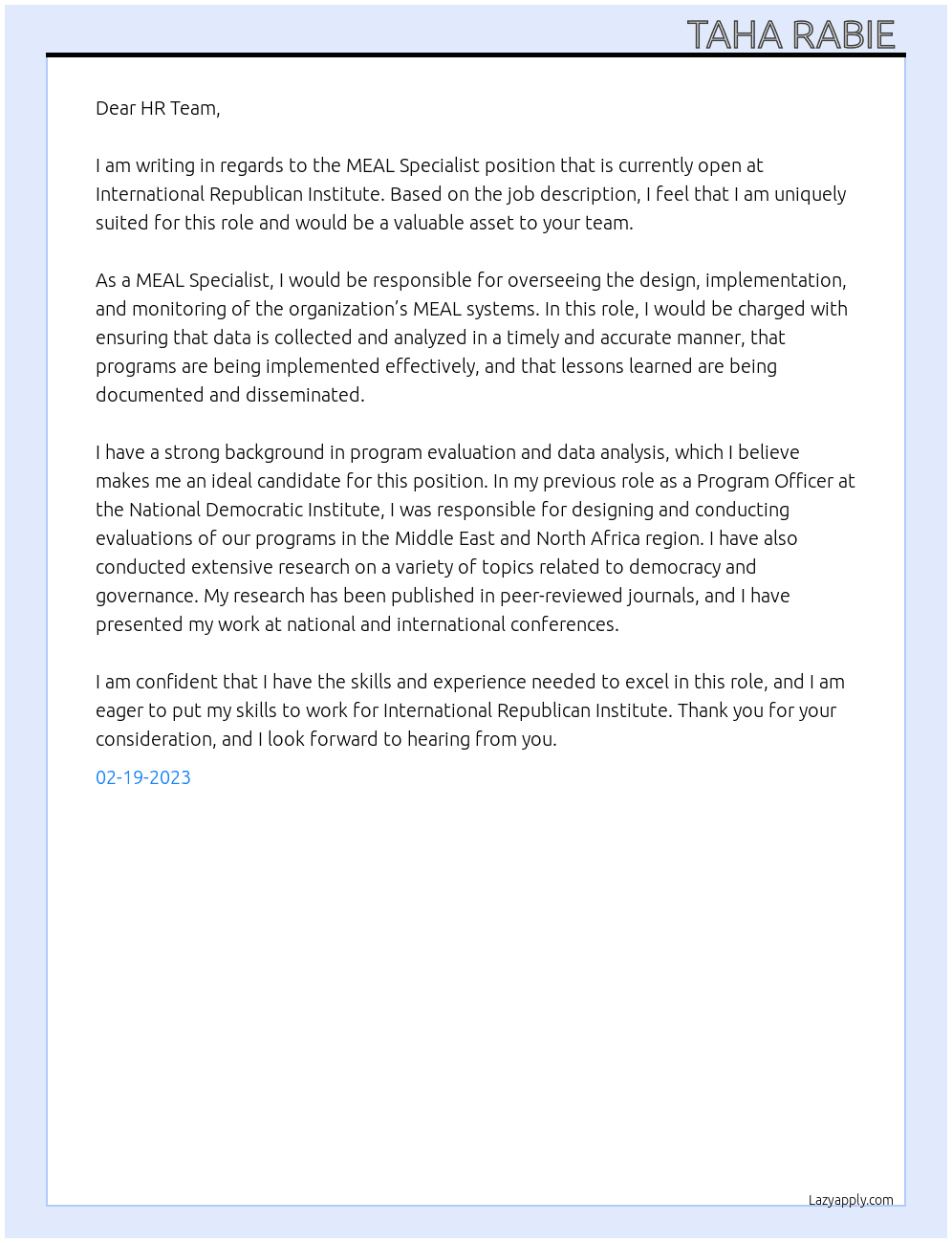MEAL Specialist  At International Republican Institute Cover Letter