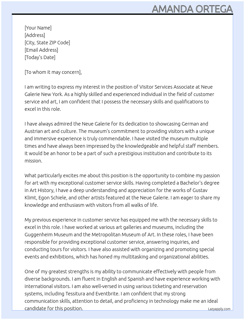 Visitor Services Associate At Neue Galerie New York Cover Letter