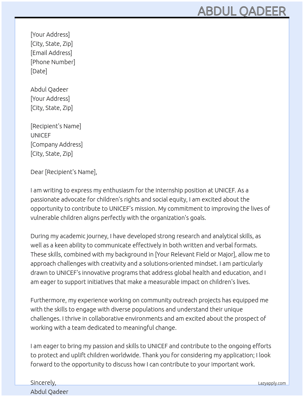 UNICEF internship At UNICEF UNICEF  Cover Letter