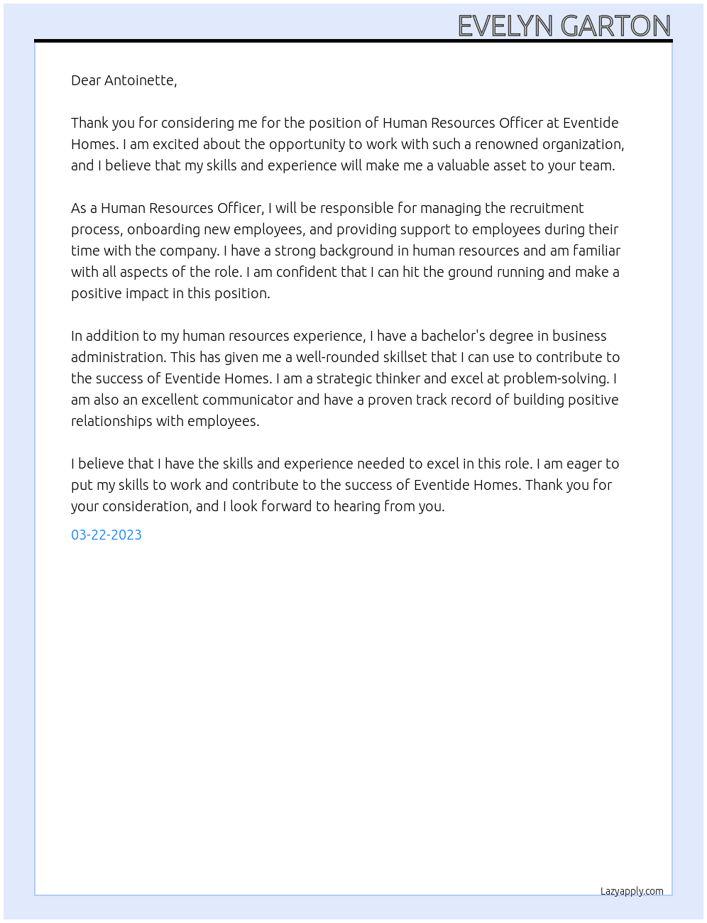 Human Resources Officer At Eventide Homes Cover Letter