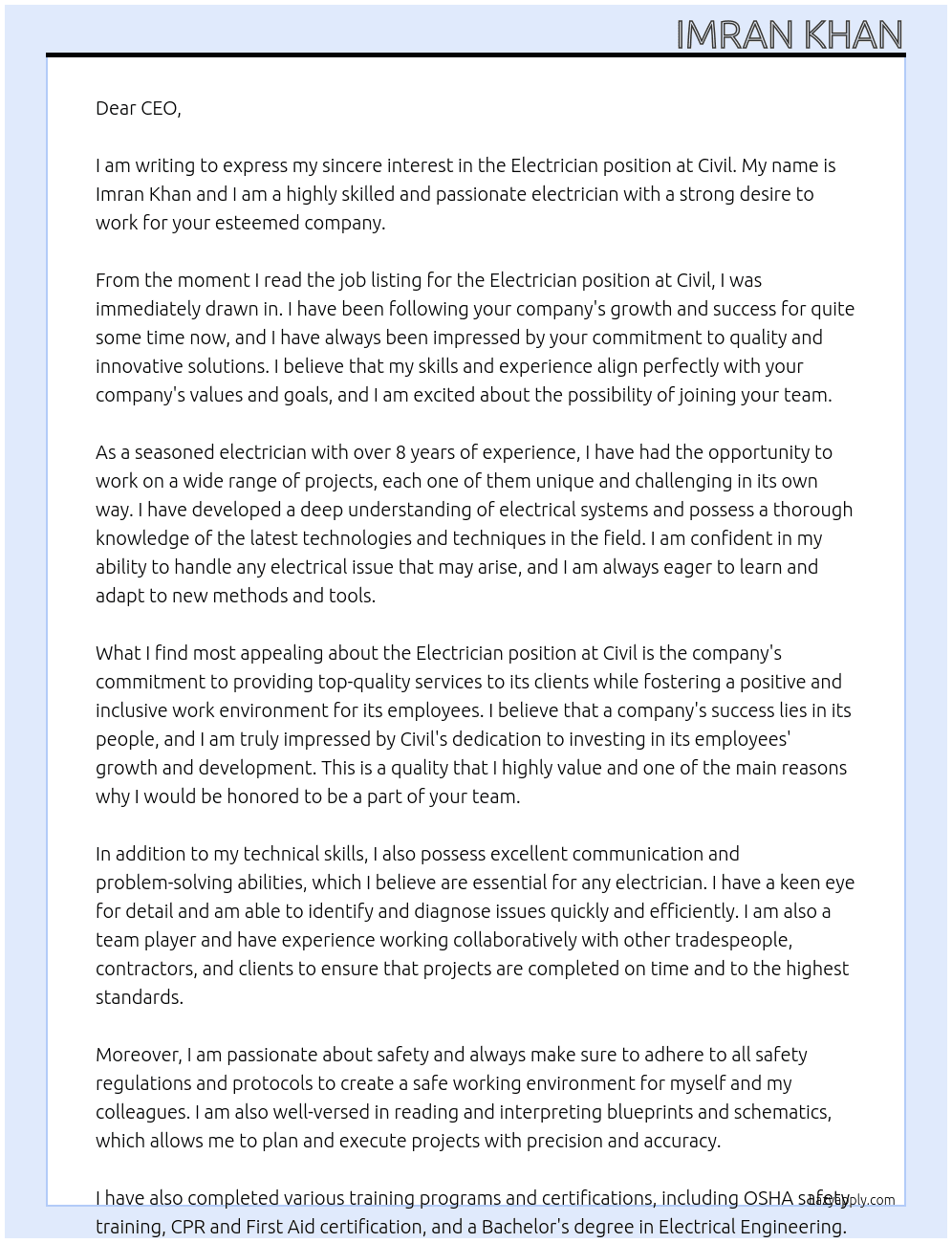 Electricion  At Civil  Cover Letter