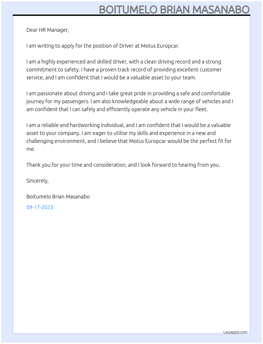 Driver At Motus Europcar Cover Letter