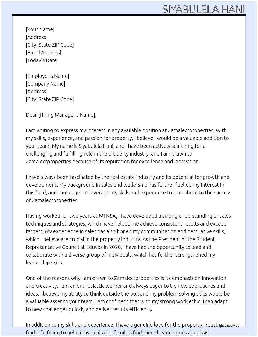 Any available position At Zamalectproperties Cover Letter