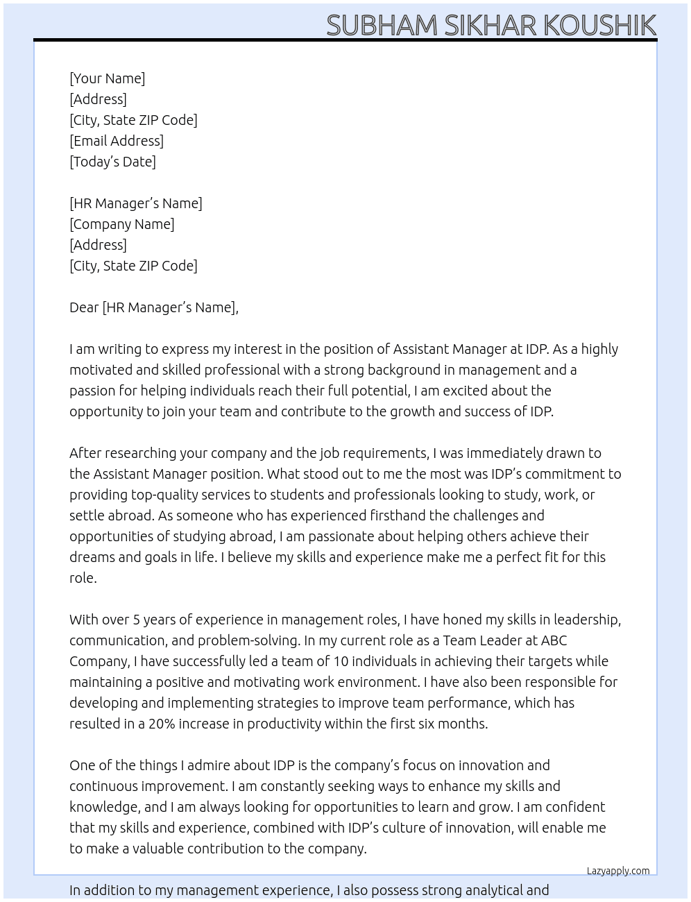 Assistant Manager At IDP Cover Letter