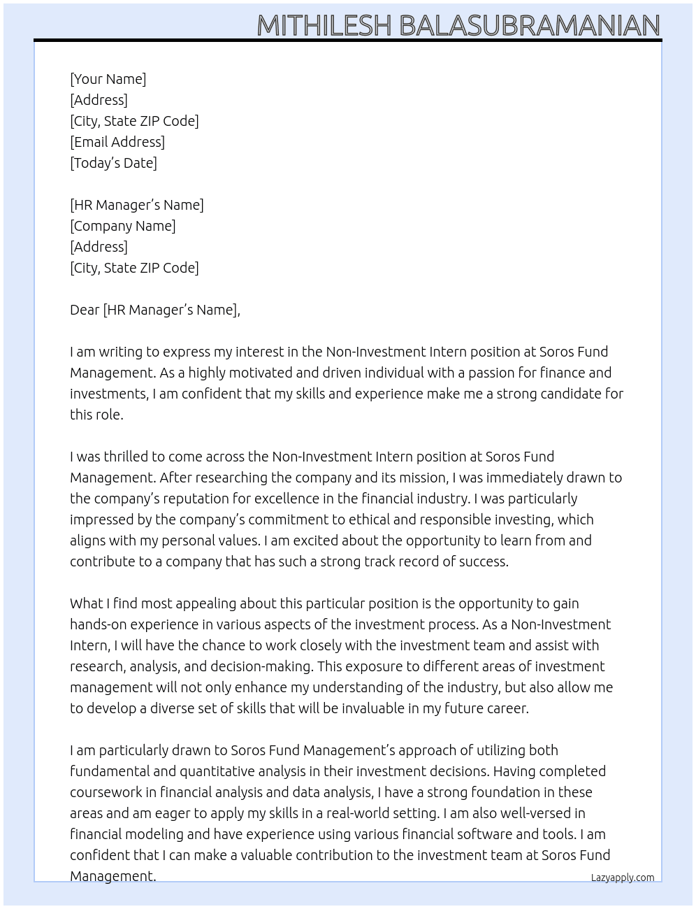 Non-Investment Intern At Soros Fund Management Cover Letter